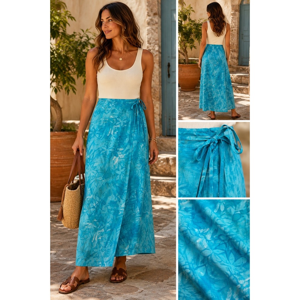 Jones Wear Sport Blue Floral Linen Blend Wrap Maxi Skirt Size 12 Boho Coastal